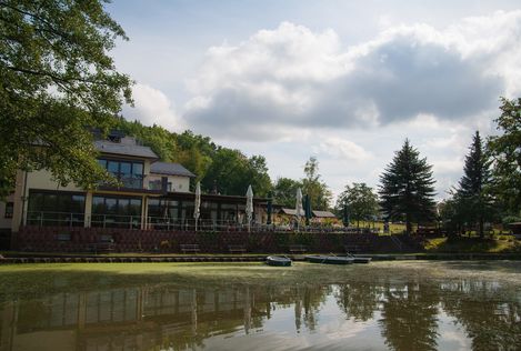 Blick auf Gaststätte vom Teich